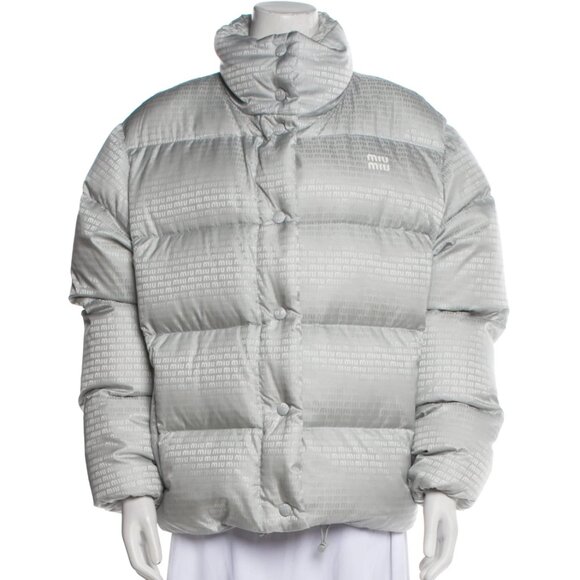 NWT Miu Miu Down Puffer Jacket Gray Nylon Sz 36 All-over Logo Drawstring - Picture 12 of 12
